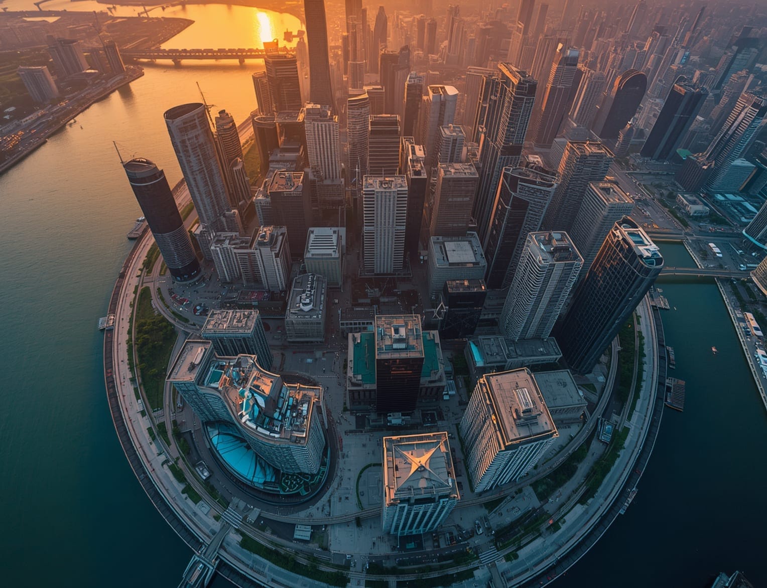Aerial view of a modern global business city at golden hour