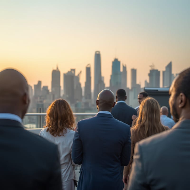 Business professionals networking on a rooftop overlooking a global city skyline
